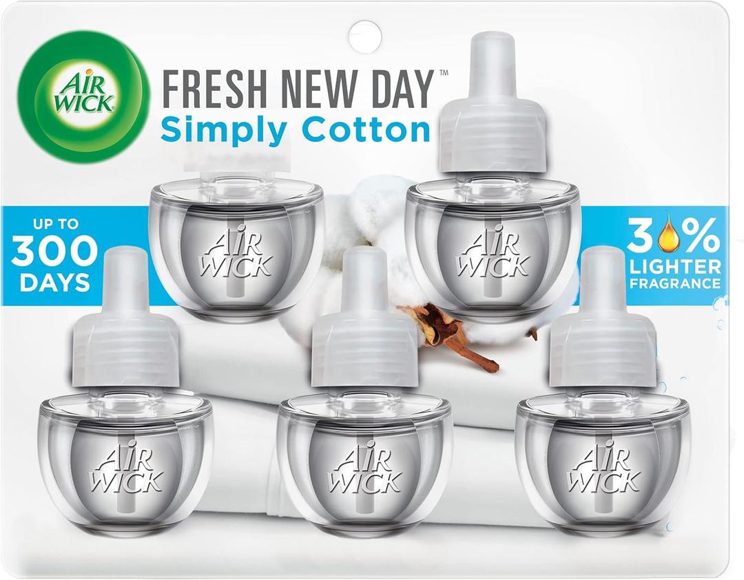 Air Wick Plug in Scented Oil Refill, 5 ct, Fresh New Day Simply Cotton, Air Freshener, Essential Oils