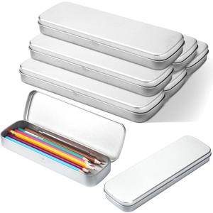 6 Pcs Tin Pencil Case Metal Pencil Case Empty Hinged Stainless Steel Box Rectangular for Brushes Crayon