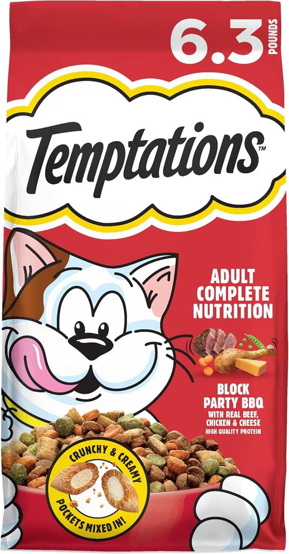 Temptations Adult Dry Cat Food, Block Party BBQ Flavor, 6.3 lb, 3 Pack (EXP 10/04/26)
