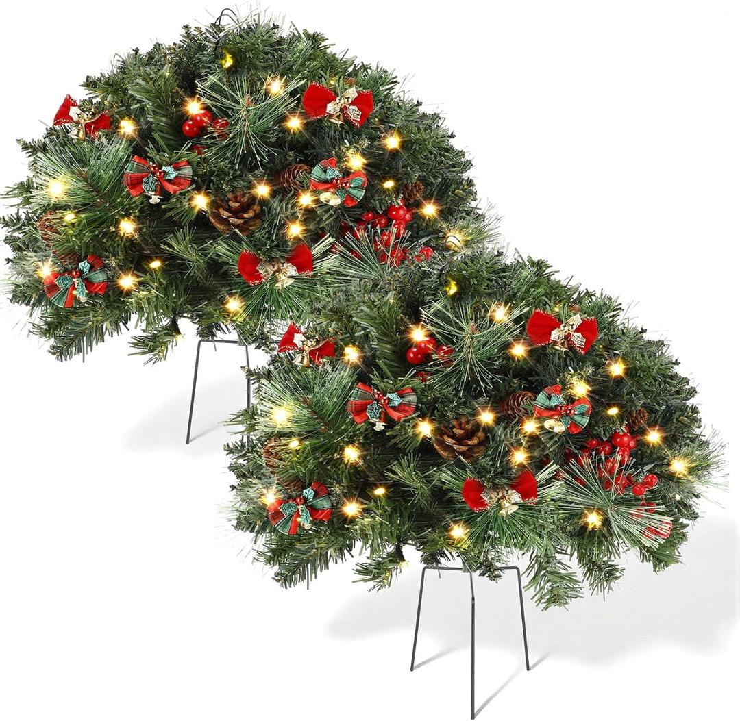 2 Pack Outdoor Christmas Tree Urn Filler 25 Inch Pre Lit Artificial Xmas Tree with Cones and Red Berries for Porch Light up Winter Filler with 70 LED Lights Stake for Front Door Yard Indoor
