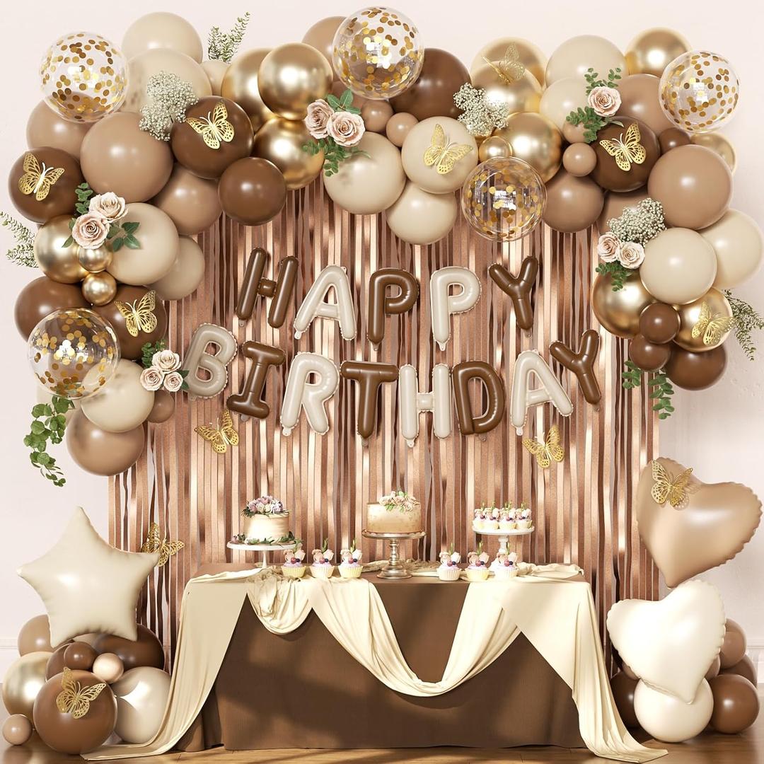 Brown Birthday Decorations, Brown Tan Beige Gold Foil Confetti Balloons Happy Birthday Banner Gold Butterfly Fringe Curtains Birthday Decorations for Women Girls