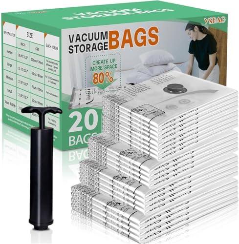 Vacuum Seal Bags for Clothing- Pack of 20 4 Sized Vacuum Storage Bags with Hand Pump, Space Saver Organisers for Travel Luggage Clothes Blankets Comforters (4 Jumbo, 4L4M8S)