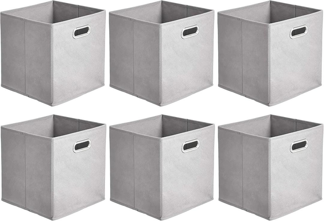 Amazon Basics Collapsible Cube Storage Organizer Bins, 6-Pack, 10.5 x 10.5 x 11 inches, Light Grey