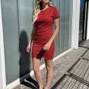 BTFBM Women's 2025 Summer Casual Beach Dresses Crew Neck Short Sleeve Wrap Party Club Mini Ruched Bodycon T Shirt Dress (Red, S)