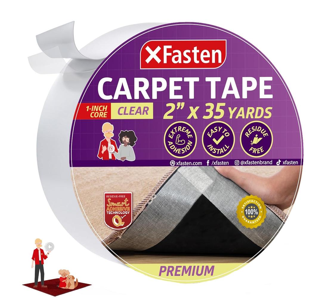 XFasten Double Sided Carpet Tape for Area Rugs On Carpet 2 Inch x 35 Yards No Residue Clear Adhesive Rug Tape Hardwood Floor No Damage Carpet Tape Double Sided Tape for Carpet Rug Tape Gripper