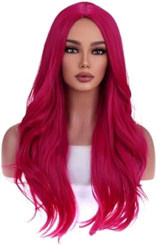 WTHCOS Hot Pink Wigs for Women Girls Middle Part Wig Long Pink Wig Heat Resistant Synthetic Curly Wavy Wigs for Cosplay Costume Party