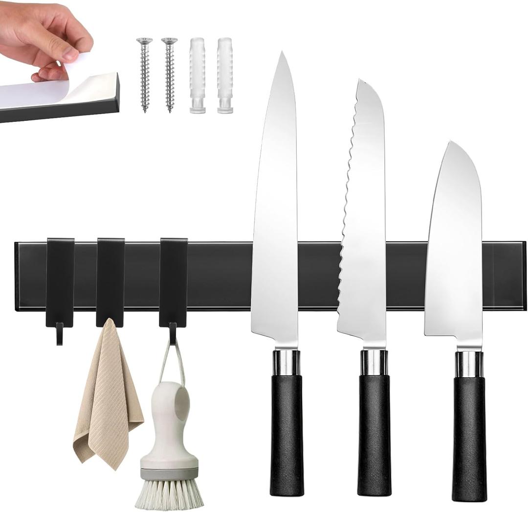 Magnetic Knife Holder for Wall with 3 Hooks, No Drilling Magnetic Knife Strip Adhesive Knife Holder Magnet Knife Bar, Wall Mount Knife Rack Block Metal Tool Holder for RV Kitchen Organization, 10 Inch (Black)