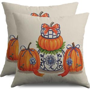 2 x Blue Orange Fall Thanksgiving Pillow Covers 18X18 Set of 2, Autumn Pumpkin Print Chinoiserie Decorative Throw Pillow Covers Outdoor Farmhouse Seasonal Cushion Cases Couch Sofa Bed Decor