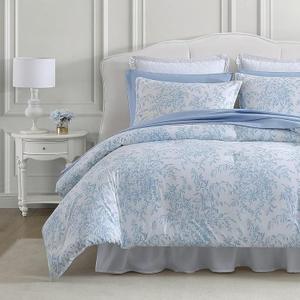 Laura Ashley- King Comforter Set, Cotton Reversible Bedding Set with Matching Sham(s), Farmhouse Home Dcor (Bedford Blue, King)