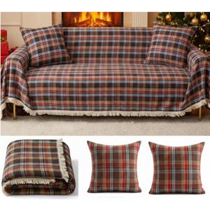 Oudain Christmas Couch Cover Sets with 2 Pillowcase 71"x 134" Buffalo Plaid Blue and Red Sofa Covers Farmhouse Couch Slipcover 3 Seat for Christmas Decorations Room Furniture Protector
