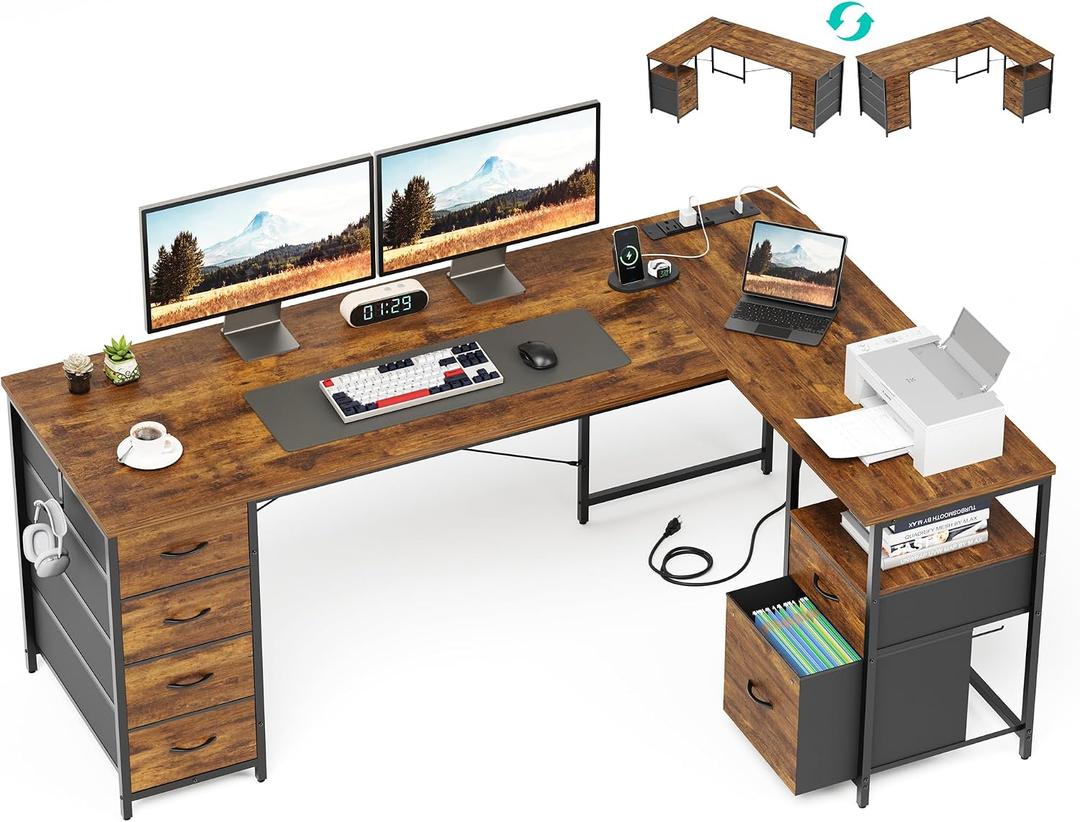 63 Inch L Shaped Office Desk with 6 Drawers & Type-C Port, Rustic Brown | File Cabinet, Power Outlets, Reversible Corner Computer Desk, Work Desk with Storage for Home Office, Bedroom, Gaming, Study