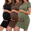 Riyiper 3 Pack Women's Maternity Dresses, Short Sleeve Cotton Pregnancy Dress Side Ruched Crew Neck Knee Length Mama Clothes(Black, Coffee, Army Green, Medium)