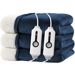 Electric Heated Blanket Queen Size 84"x90" - Dual-Sided with Microplush & Sherpa Fabric, 4 Heat Settings & 10 Hours Auto Off, Dual Controller, Machine Washable - Dark Blue (07-dark Bule)