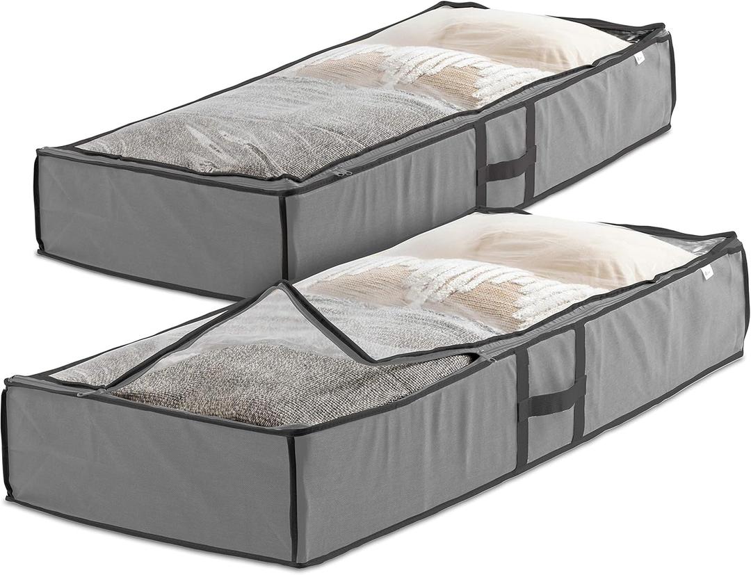 Under Bed Storage Bins - Pack Of 2 Under The Bed Storage Containers For Clothes, Blankets, Winter Clothing, & Shoes - Underbed Storage Containers With Handles, Dual Zippers, & Clear Top