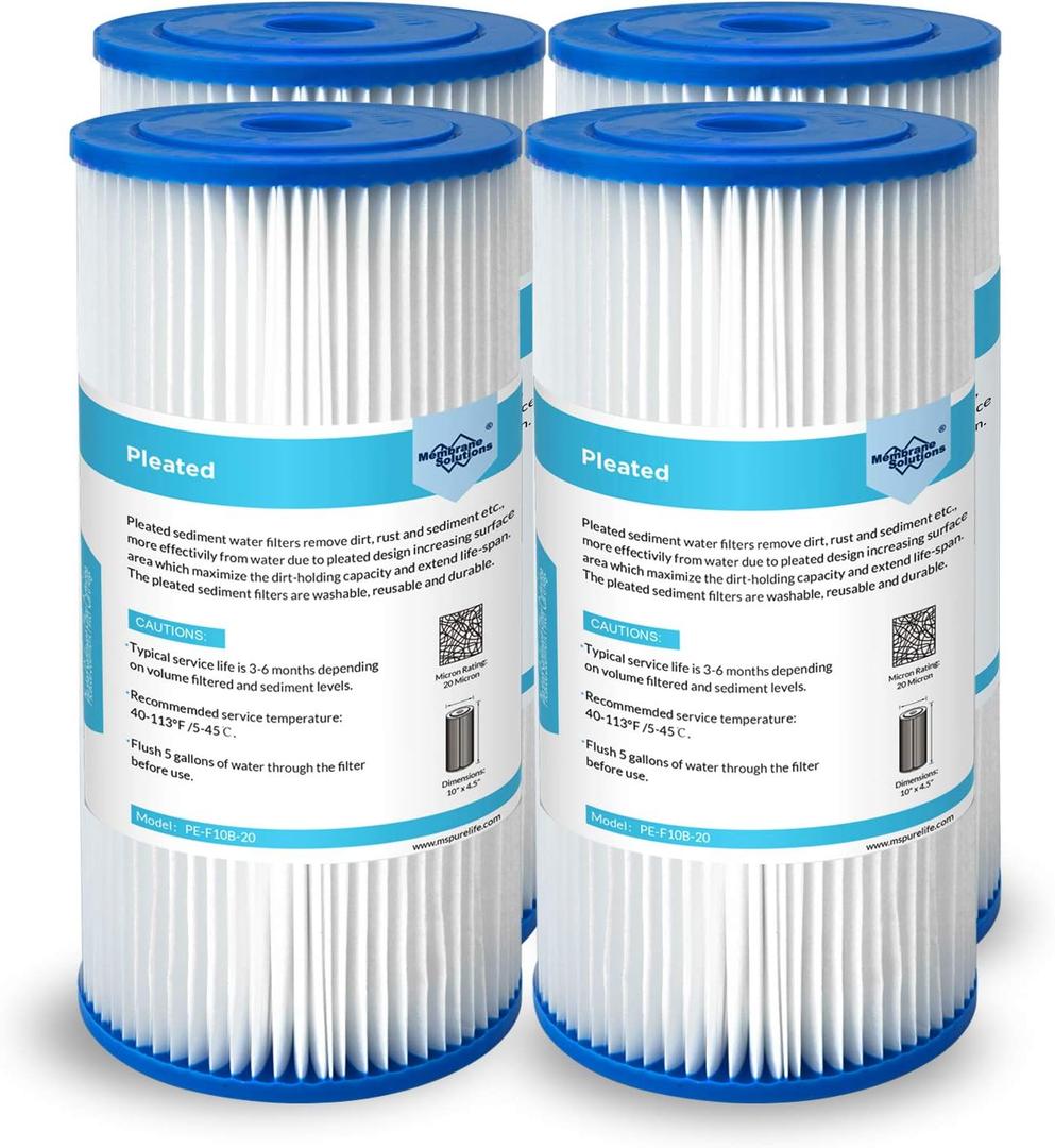 Membrane Solutions 20 Micron Pleated Water Filter Home 10"x4.5" Whole House Heavy Duty Sediment Replacement Cartridge Compatible with ECP10-1,ECP20-BB,R50-BBSA,FXHSC,CB1-SED10-BB (4 Pack)