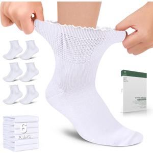 Bulinlulu Womens Diabetic Socks  6 Pairs Non-Binding Neuropathy Socks for Women 6-9 9-11 (Large, White)