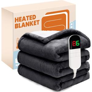 Electric Heated Blanket,Flannel & Sherpa Fast Heating Soft Fleece Heated Twin Blanket 62"x84" with 6 Heating Levels & 10H Auto Off - Grey