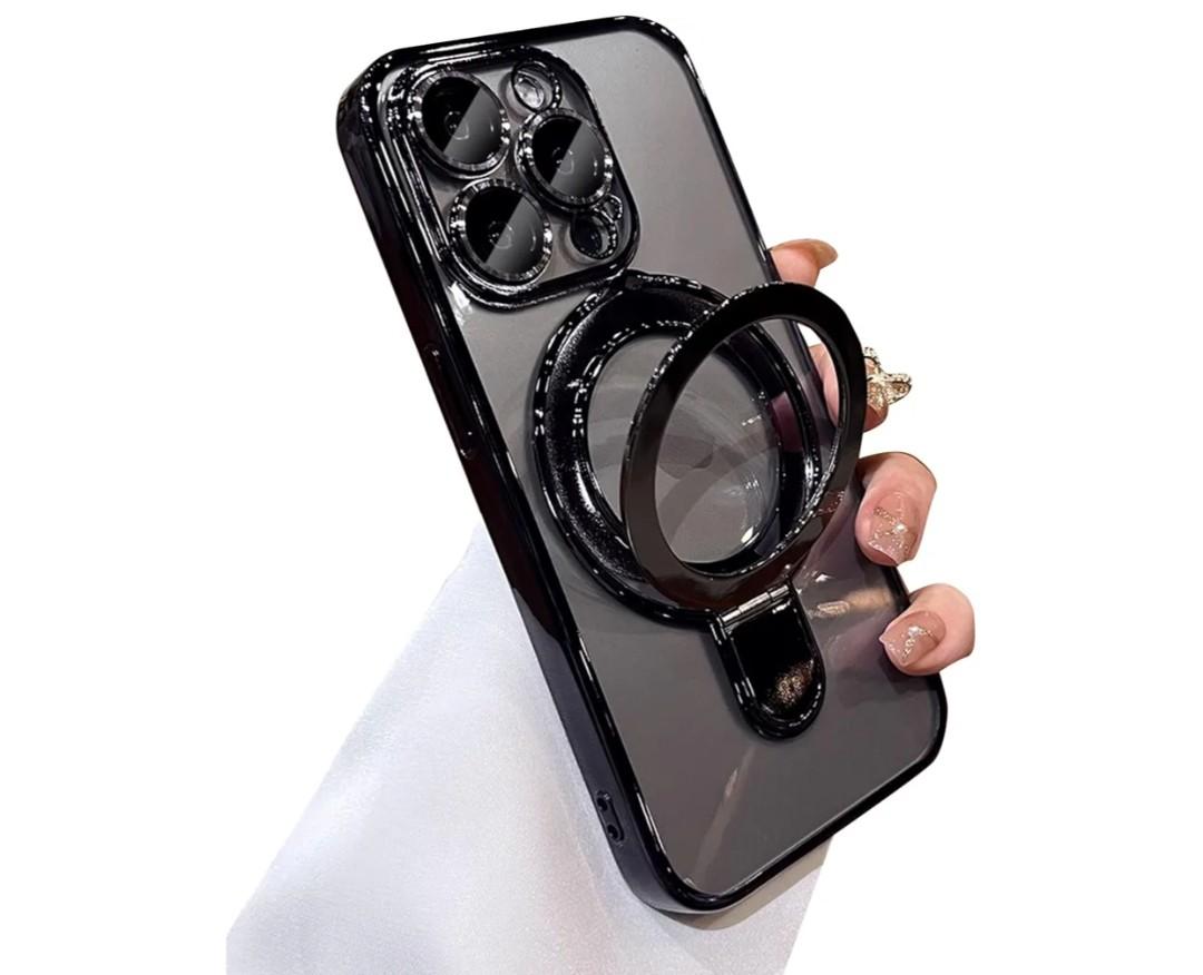 MANLENO Magnetic for iPhone 15 Pro Case Magsafe with Invisible Stand Kickstand Camera Protector Plating 10FT Shockproof Soft Rubber Clear Protective Phone Case (Black)