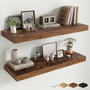 Fun Memories 12" Deep Floating Shelves for Wall, 36" W x 12" D Floating Shelves, Long Wood Floating Wall Shelf for Living Room Bathroom Bedroom Kitchen, Rustic Brown, Set of 2