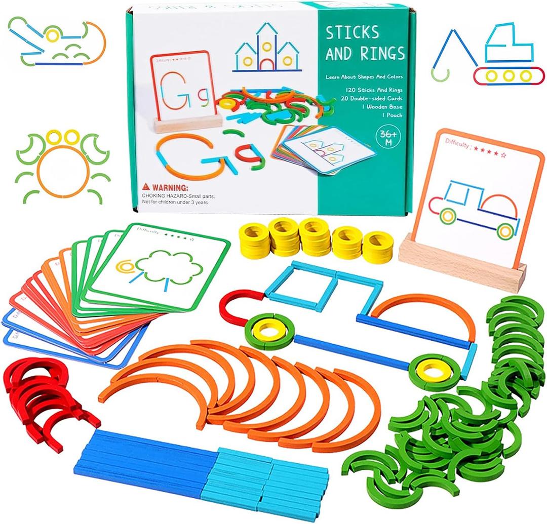 120-Piece Wooden Pattern Blocks Set with Sticks and Rings - Montessori Shape Puzzles for 3-8 Years Old, Ideal Educational Toy for Preschool and Kindergarten Kids