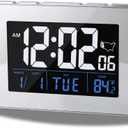 Atomic Digital Clock with Large White Numbers, AC Powered for Continuous Illumination, Alarm & Snooze, Date/Day/Indoor Temperature, USB Charging Port, Desk Clock for Office or Kitchen