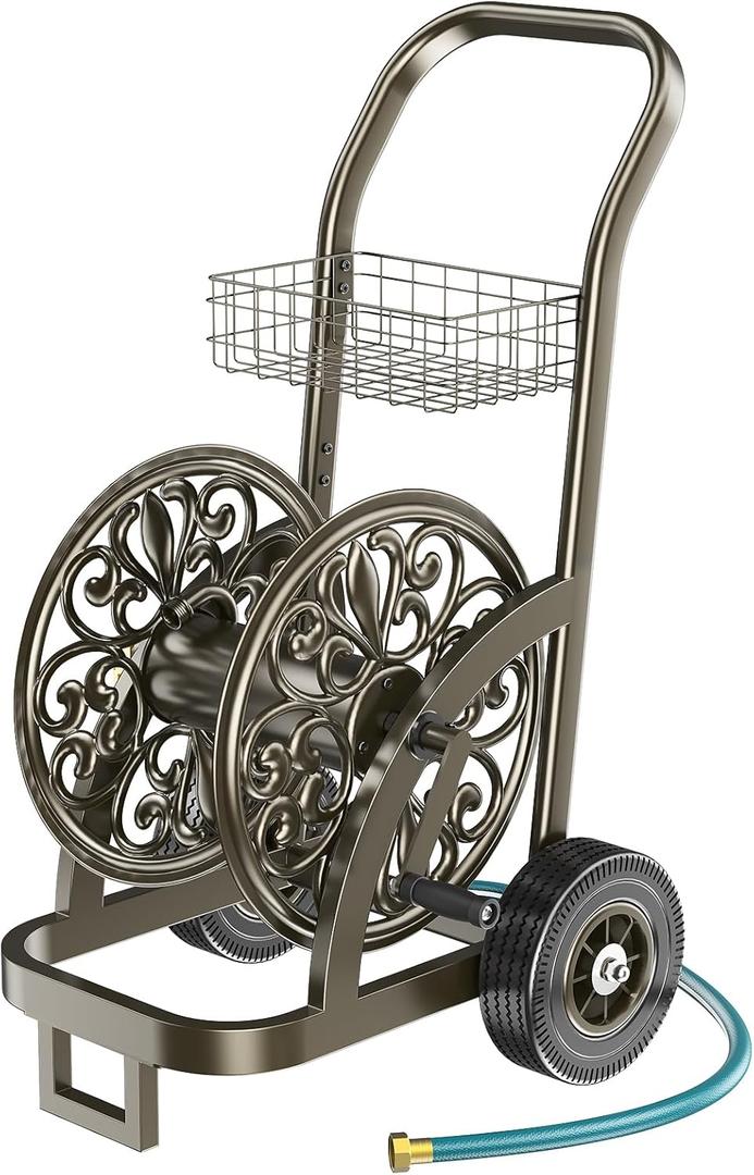 GOFORWILD Garden Hose Reel Cart with Wheel, Hold up to 200 Ft of 5/8" Hose, Heavy Duty Steel Frame Water Hose Reel Cart with Storage Basket, Mobile Hose Reel for Outside Garden Lawn Yard
