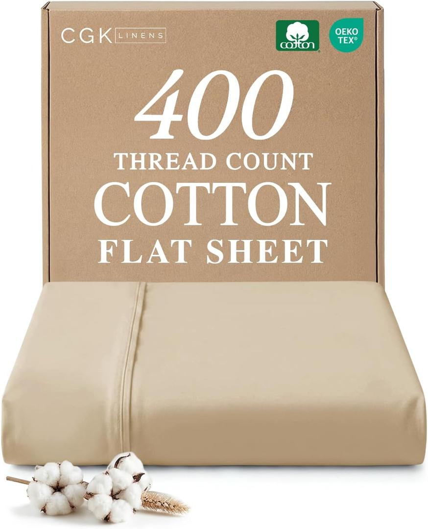 Queen 400 Thread Count 100% Cotton Flat Sheet - Comfortable, Cooling & Breathable Cotton - Top Flat Sheet Only - Luxury Hotel Quality Bedding - Extra Soft and Comfy - Easy Care, Wrinkle Free - Cream