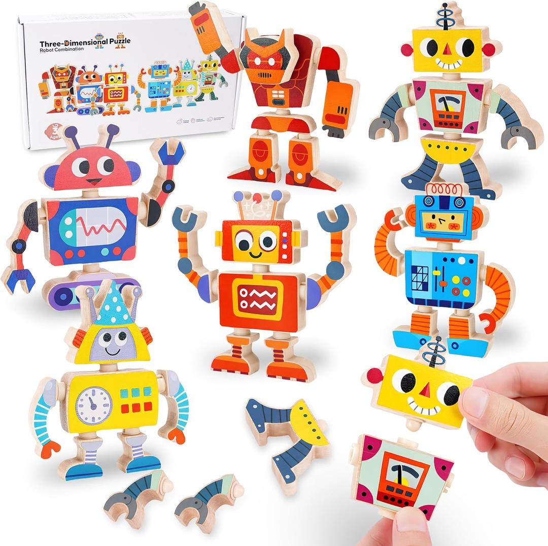 ATOYUS Wooden Robot Building Blocks Toys, STEM Montessori Preschool Toys for 3+ Year Old Toddlers, 35 Pcs Snap Together Take Apart Toy Playset for Kids Ages 3-5, Boys Girls Christmas Birthday Gifts