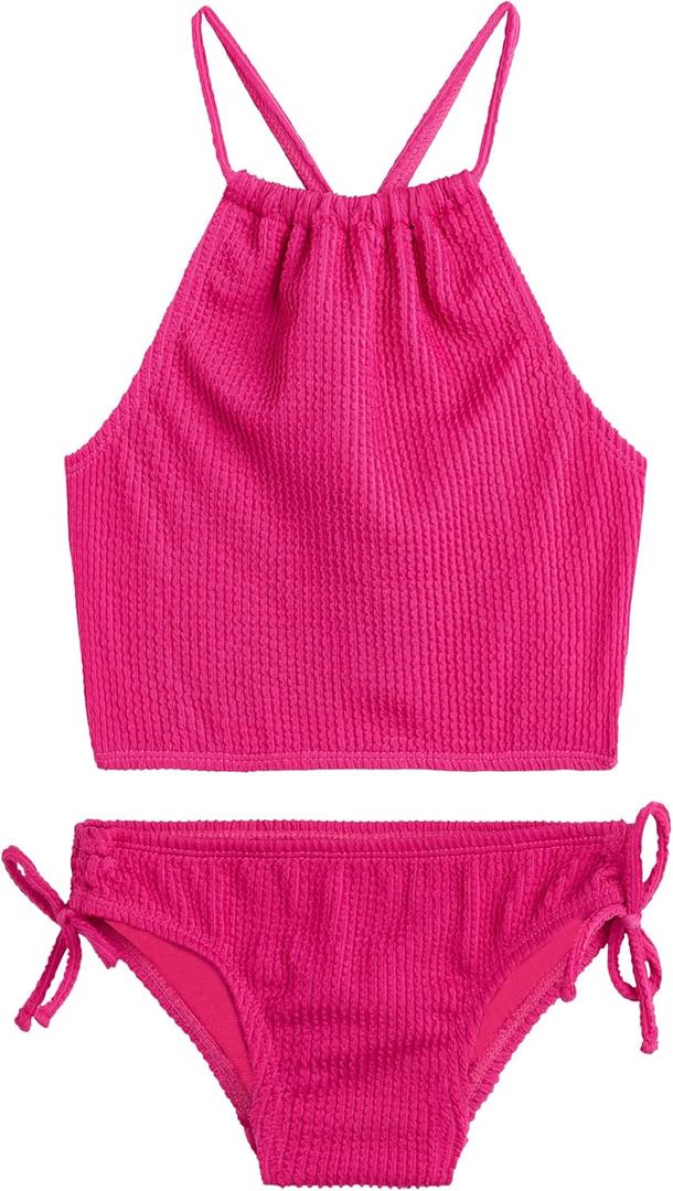 Kanu Surf Girls Daisy UPF 50 Beach Sport Halter Tankini 2-Piece Swimsuit (8, Popcorn Solid Pink)