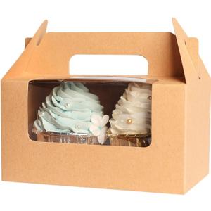 qiqee Cupcake Box Two Holder 6.5x3.6x3.5inch(2.2" Top) 50pcs Brown 2 Cupcake Boxes With Window