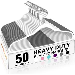 HOUSE DAY Heavy Duty Plastic Hangers 50 Pack, Non Slip Clothes Hangers with Rubber Grip and 360 Hook - Thin Plastic Hanger Space Saving - Coat Hanger White, Closet Organizer for Shirt, Pants, Suit