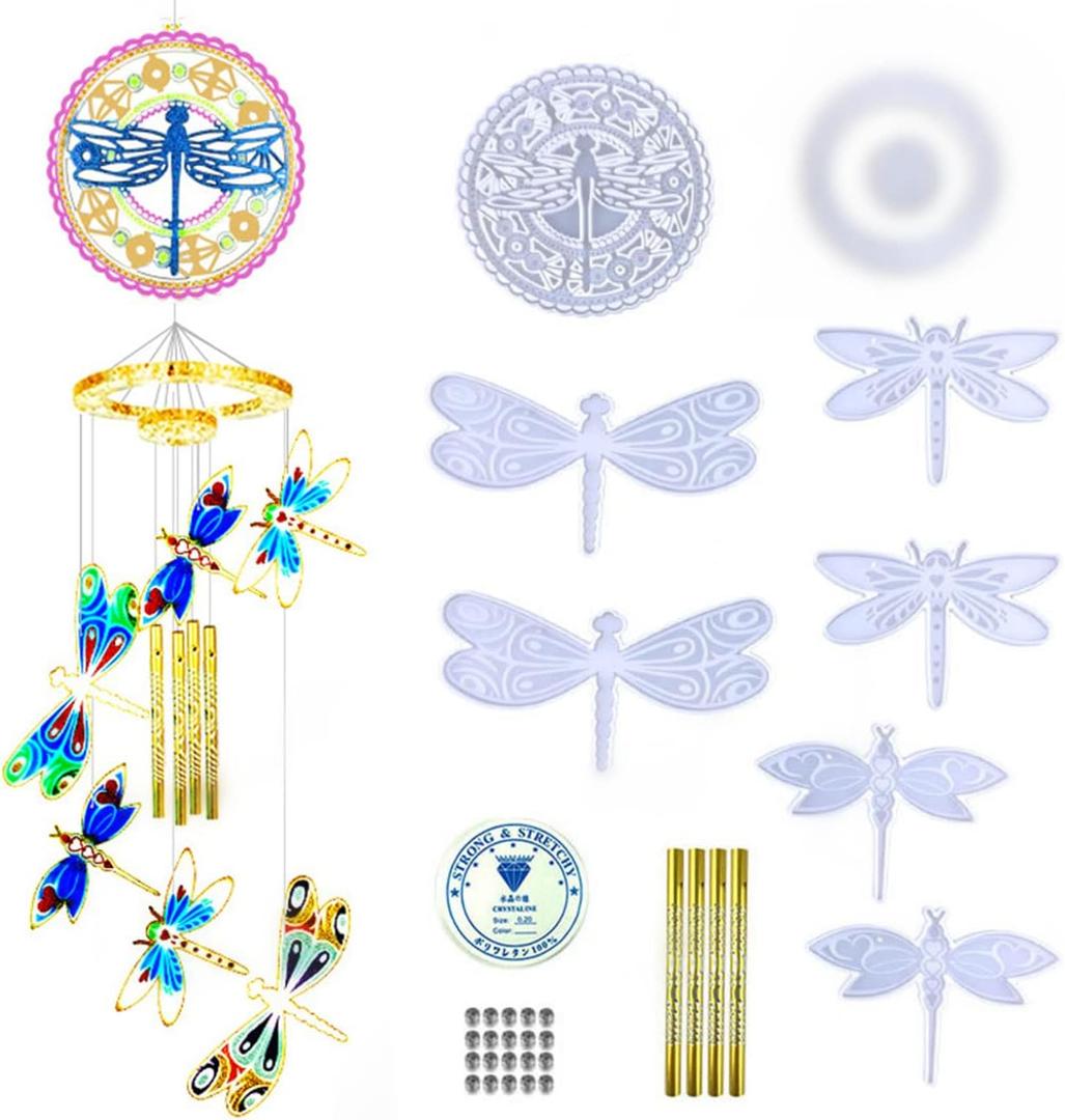 Dragonfly Wind Chimes Resin Molds Silicone Kit, Silicone Resin Mold Kit for Casting, Dragonfly Epoxy Resin Molds Craft Supplies for DIY Wind-Bell Decorations Home Decor
