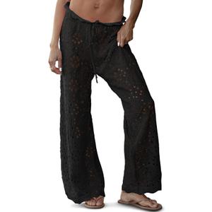 Saodimallsu Womens Crochet Swimsuit Coverup Pants High Waisted Drawstring Sexy Sheer Mesh Knit Wide Leg Beach Pants (Medium, Black)