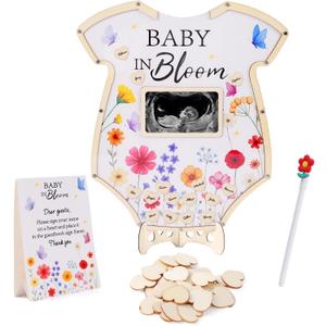 Baby in Bloom Baby Shower Decorations,Wildflower BabyShower Guest Book Alternatives with Floral Pen,Photo Frame and 60 Heart Wood Slices for 60 Guests,Gender Reveal Decorations