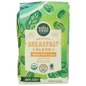 Whole Foods Market, Organic Breakfast Blend Whole Bean Coffee, Light Roast, Milk Chocolate, Caramel & Citrus, 12 Ounce