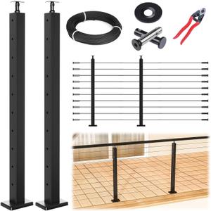 Muzata 5-10FT Modular Black Cable Railing Kit 36 Inch 2 Level Post Kit Complete Set Cable Railing System for Decks Length Adjustable Easy DIY with Paper User Guide (No Handrail) RWS1 BH4S