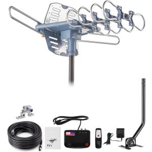 WA-2608 Digital Amplified Outdoor HD TV Antenna with Mounting Pole & 60 Ft RG6 Coax Cable,Coaxial Grounding Block,200 Miles Long Range Wireless Remote Control 360 Degree Rotation Support 2 TVs