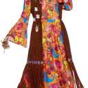 Morph Long Hippie Costume For Women, 70s Hippie Dresses, Retro 60s Style Outfit, Vintage Festival Wear (Medium)