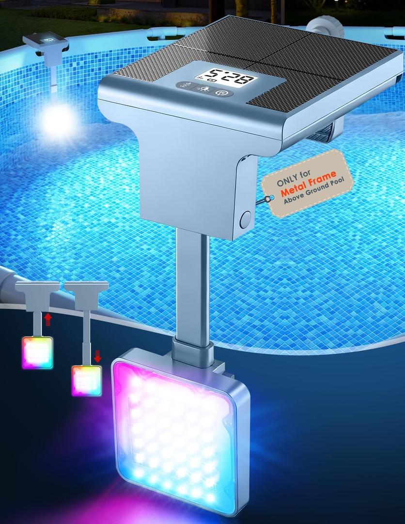 Solar Pool Lights for Metal Frame Above Ground Pool, Upgraded Solar Lights w/LCD Pool Thermometer,Underwater Led Lights for Pool Accessories,Swimming Pool Lighting with 10 Light Modes,1PC