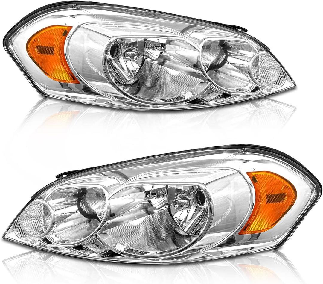 Headlights Assembly for 2006-2013 Chevy Impala/ 2014-2016 Chevy Impala Limited/ 2006-2007 Chevy Monte Carlo Chrome Housing Amber Reflector Replacement Driver and Passenger Side(W/O Bulbs)