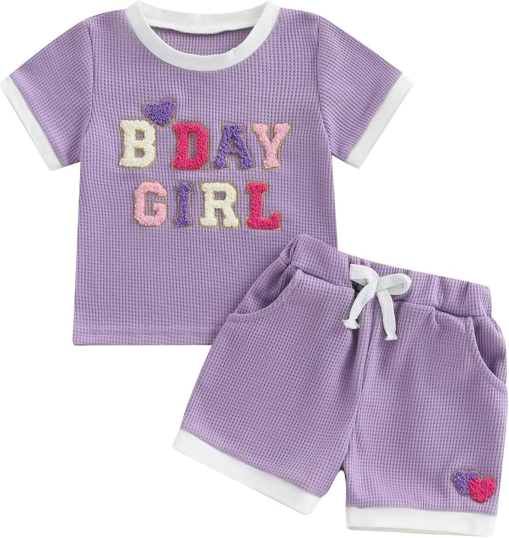 Kayotuas Toddler Baby Girl Summer Clothes 3D Flower Bow Short Sleeve T Shirt Tops Shorts 2Pcs Set Cute Infant Waffle Outfits (Purple)