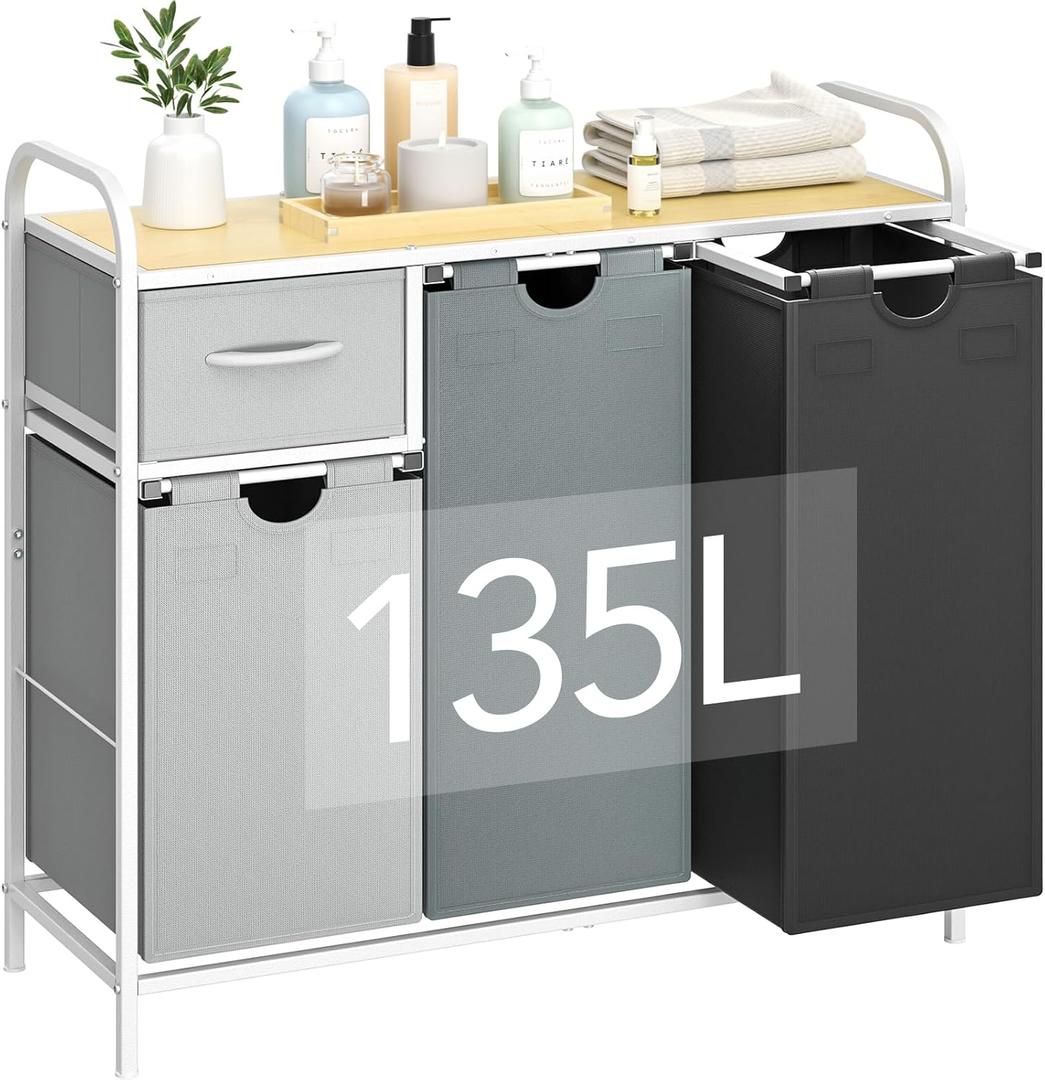 Yecaye Laundry Sorter 3 Section, Laundry Hamper with Shelf and 1 Drawer, 35.7Gal(135L) Clothes Basket Organizer, Pull-Out and Removable Oxford Fabric Laundry Bags for Laundry Room, Bedroom, Bathroom