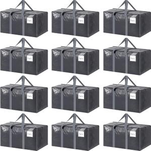 12 Pack Extra Heavy Duty Large Moving Bags with Strong Zipper & Comfortable Handles, Sturdy & Durable Clothes Storage Bags Totes Bins, Packing Moving Boxes for College Supplies, Gray