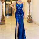 Miusol Women's Elegant Sequin Lace Spaghetti Straps Formal Satin Maxi Dress (Large, A-Royal Blue)