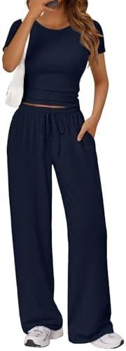 Trendy Queen 2 Piece Matching Summer Sweatsuit Lounge Set Womens Wide Leg Pants Side Ruching Crop Top Sets XXL