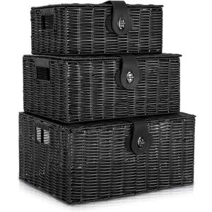 Set of 3 Woven Wicker Storage Basket Box with Lids & Lock, Built-in Carry Handles, Multifunctional Storage Organizer for Nursery, Baby, Clothes, Toys, Books, Large/Medium/Small Size (Black)