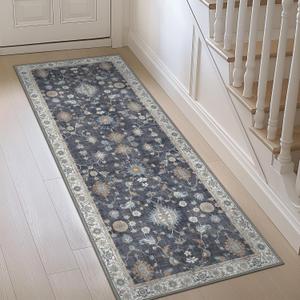 GENIMO Runner Rug for Hallways Machine Washable, 2x10 Non Slip Boho Vintage Lightweight Washable Runners, Thin Floor Rugs for Entryway Hallway Bathroom Laundry Room Corridor, Gray White