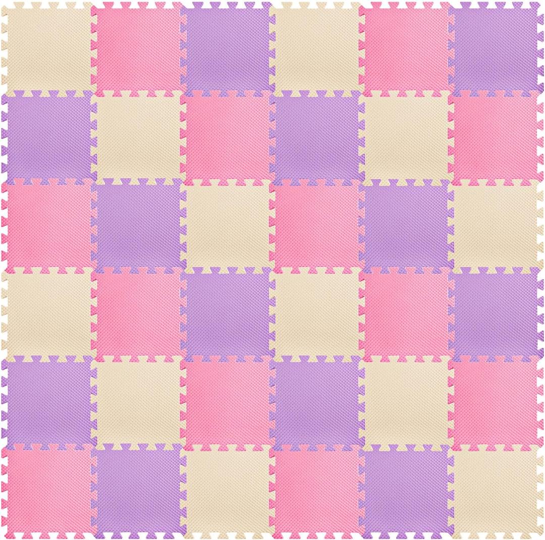 Riakrum 100 Tiles 12 x 12 Inch Foam Puzzle Floor Mats with Borders 0.4 Inch Thickness Interlocking EVA Foam Floor Tiles Soft Safe Play Mats for Exercise Gym Workout Nursery Home(Pink, Purple, Beige)