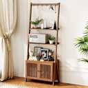 Bookcase with Drawers, 4-Tier Bamboo Bookshelf Ladder Shelf with 6 Hooks, Tall Narrow Retro Book Shelf, 24.8"L x 10.6"W x 59.5"H, Standing Storage Organizer for Living Room, Office, Bedroom, Walnut