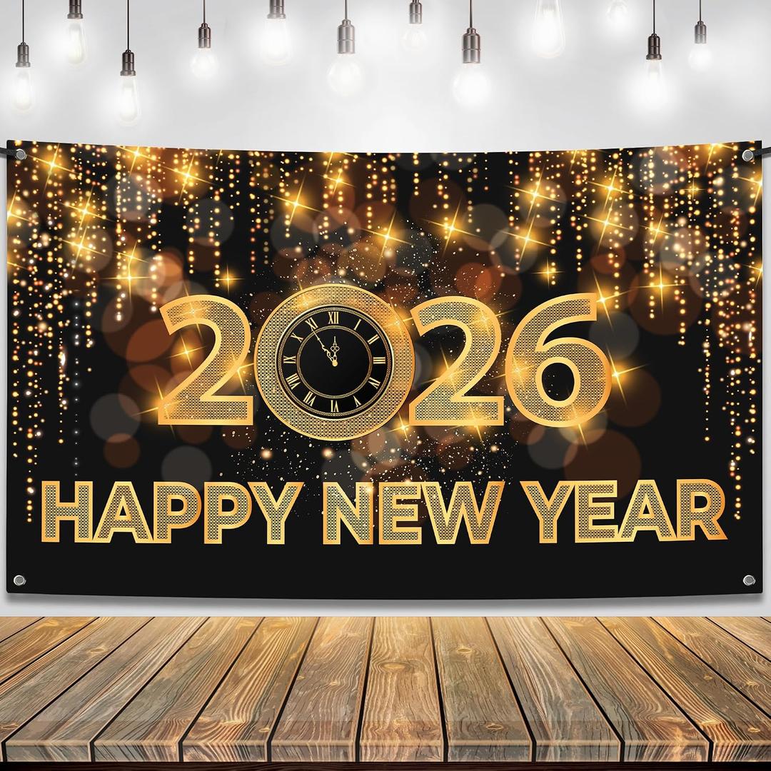 Katchon, Xtralarge Happy New Year Banner - 72x44 Inch | Happy New Year 2026 Banner for New Years Decorations 2026 | NYE Backdrop for New Years Eve Party Supplies 2026 | NYE Decorations 2026